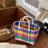 Weaving Hand Basket Colorful Handbag Handle Woven Shopper Bag Patchwork Striped Tote Purses Picnic Beach Bags