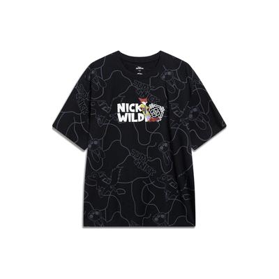 Li Ning X Disney Kollaboration Zootopia Serie Mutter Muster Bedrucktes Rundhals Kurzarm T-Shirt Herren T-Shirts Schwarz AHST267-3
