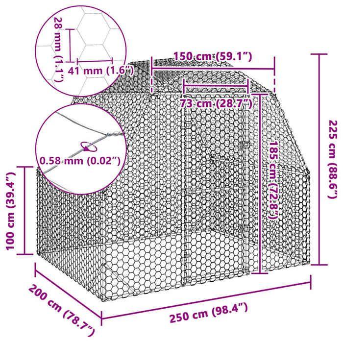 VidaXL Poulailler 2,5x2x2,25 m acier galvanisé, poulailler de promenade, enclos à poules accessible, cage à poules 4104029