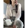 Retro V-neck tie bow blouse for women, spring and summer long-sleeve design with ruffled lace top