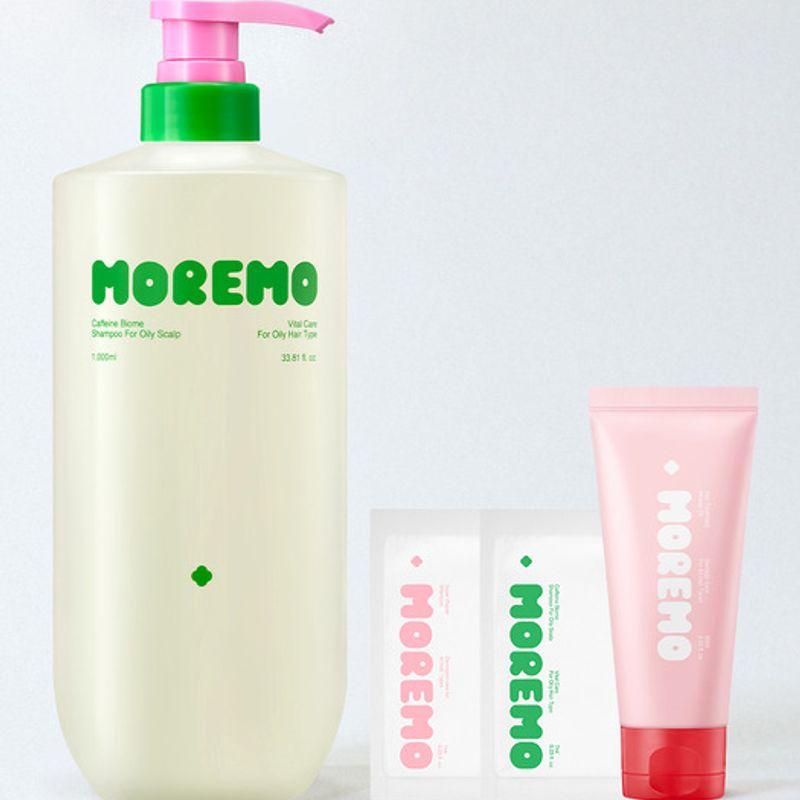 MOREMO [Large Capacity] Caffeine Biome Shampoo for Oily Hair_1000ml + 2X Treatment 60ml & Super Repair Shampoo 7ml & Caffeine Biome Shampoo 7ml 1000ml