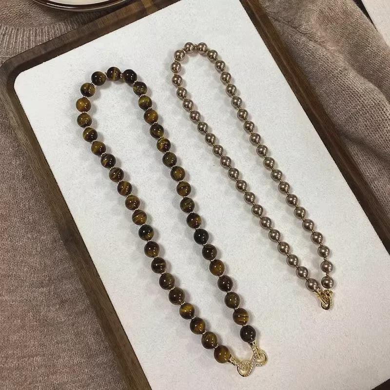 Champagne Double-Layer Tiger Eye & Pearl Necklace with 8-Shaped Buckle