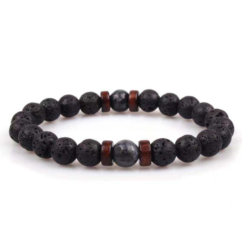 Unisex 8mm Lava Stone & Map Stone Black Flash Beaded Bracelet with Wood Chip Accents