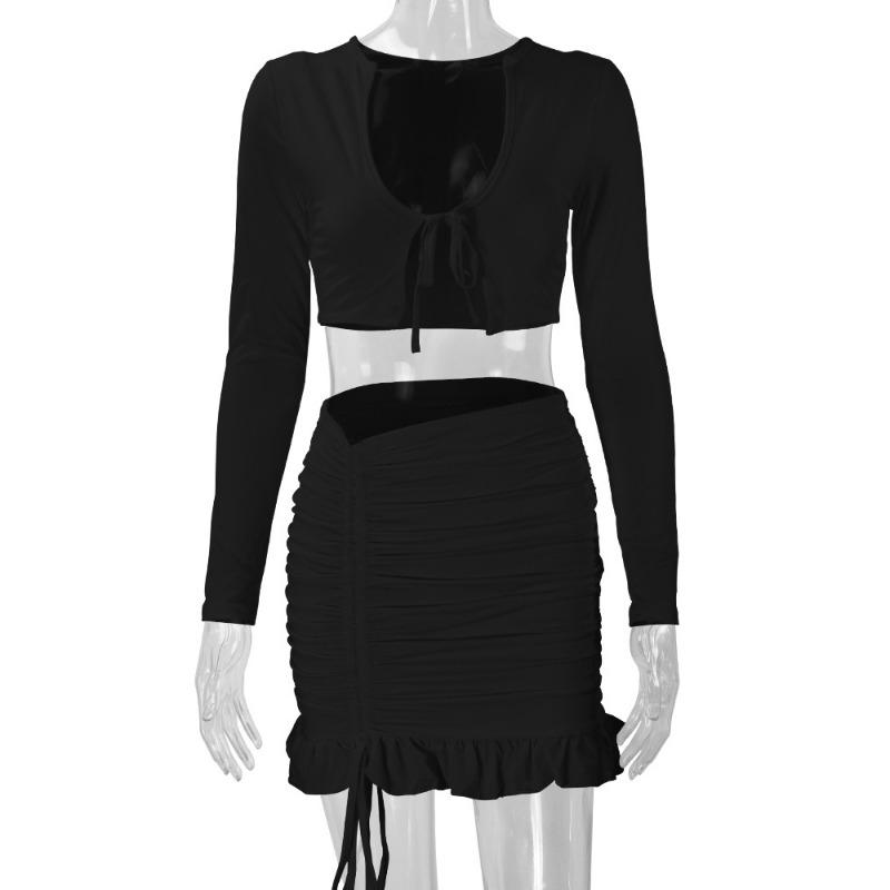 Autumn/winter Women's Sexy Flounce Lace Up Pleated Two-piece Skirt