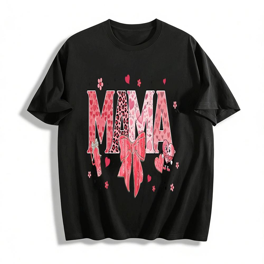 Valentines Day Mama Print Top Heart Leopard Bow Casual Tee Pure cotton T-shirt XXS