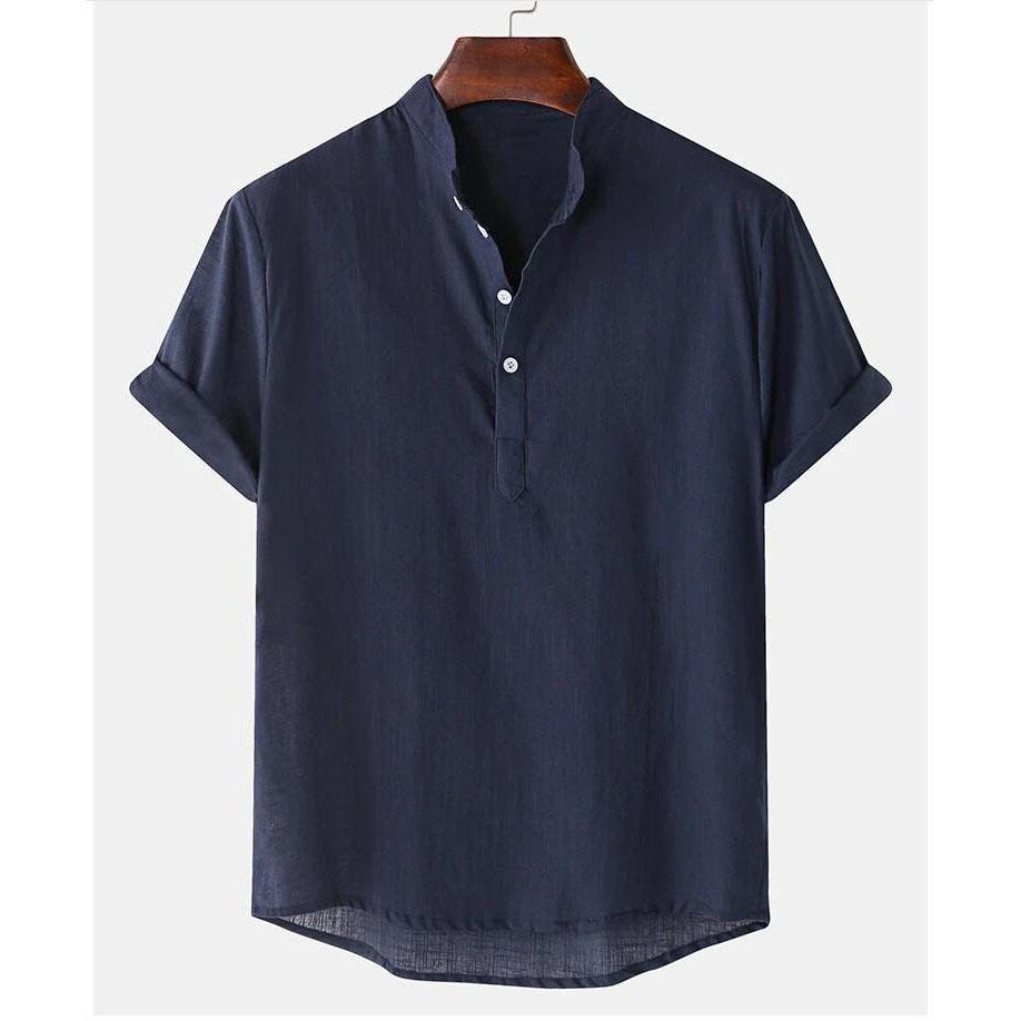 Men's  Summer Polo Shirt Cotton Linen Two Button Striped Men's Sports Polo