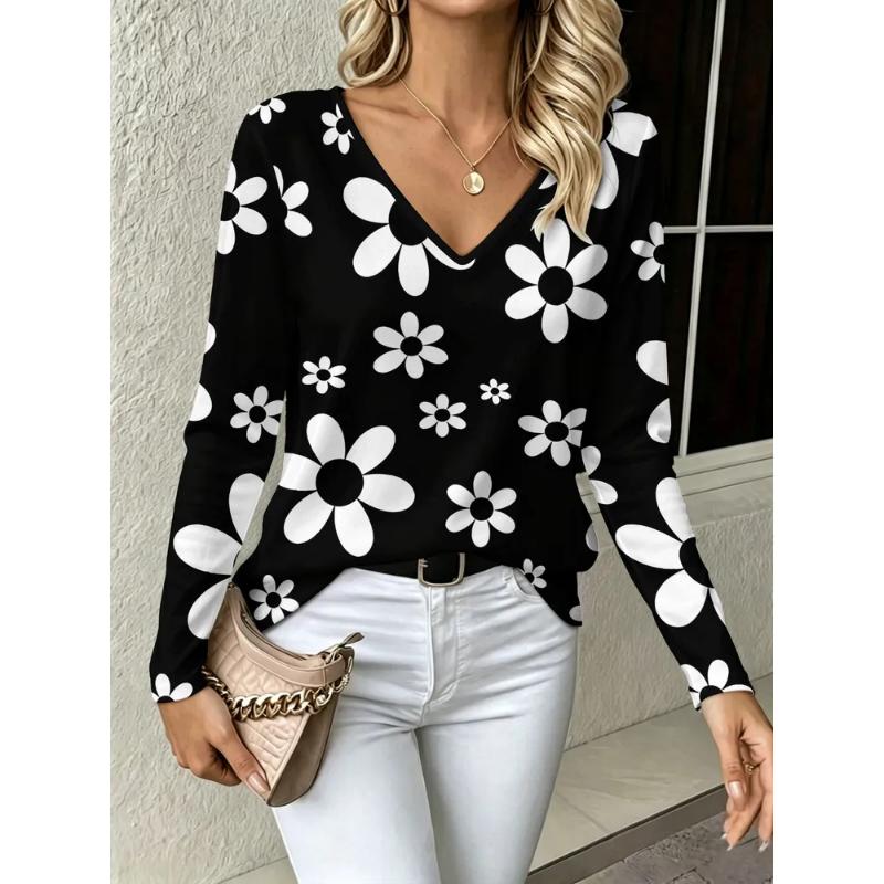 Fashion Women's V-Neck Long Sleeve 3D Casual Color Printing Casual Long Sleeve V-Neck T-Shirt