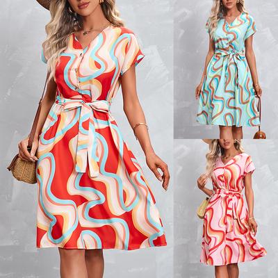 Damenbekleidung Beliebtes Sommerkleid mit neuem Aufdruck und kurzen Ärmeln