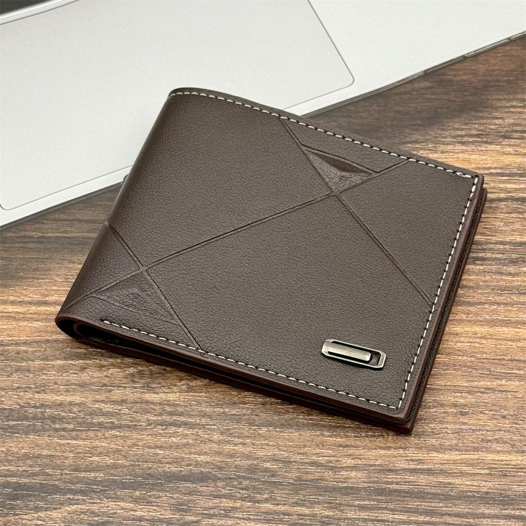 Men’s Leather Wallet Bifold Short Wallet Geometric Patchwork Design with ID Window Card Holder Slim Business Wallet