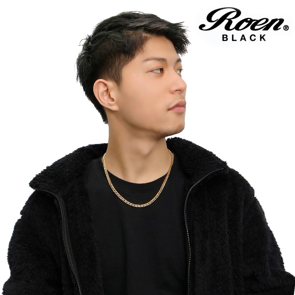 ROEN BLACK 6-Sided Double Curb Chain (Gold) Stainless Steel Necklace, 5.5mm Wide, 50cm, Men's, Suitable for Men with Metal Allergies