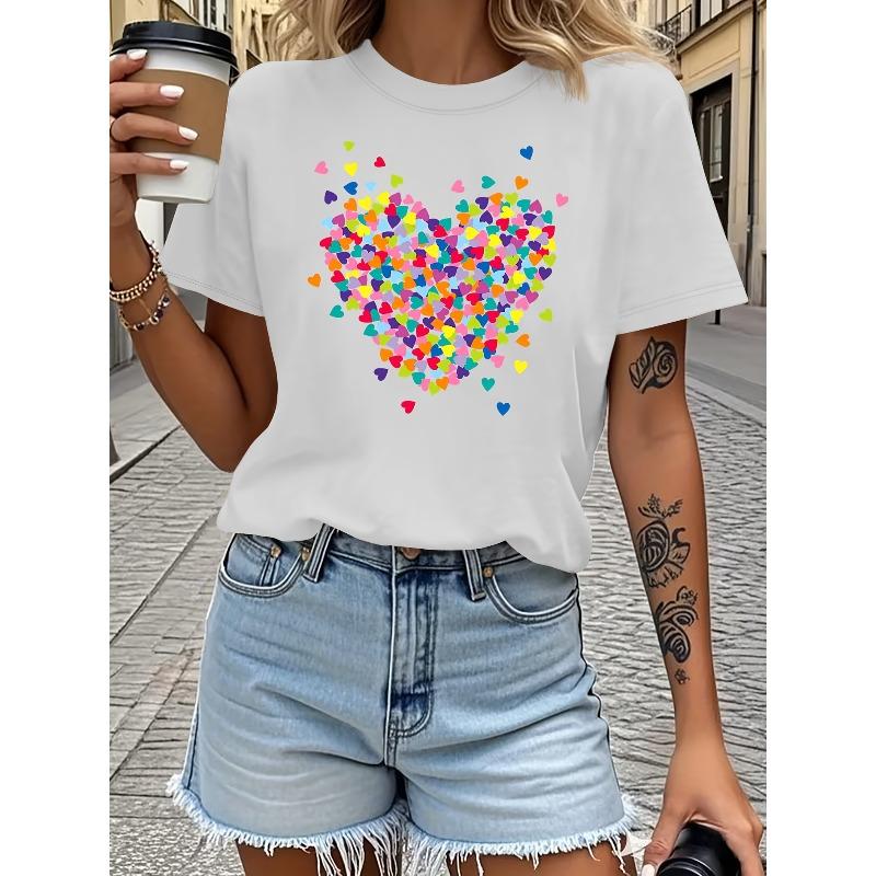 European size Women'S Colorful Heart Print T-Shirt | Full-Season Comfortable Medium Stretch Fabric, Casual Crew Neck