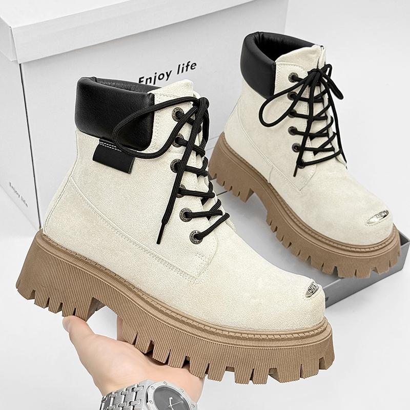 Yellow Designer Ankle Boots Men Autumn Outdoor Suede Boots Fashion High Top Platform Men Shoes Outdoor Tooling Motorcycle Boot