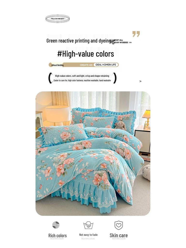 Thickened Quilted Velvet Bedspread Set with Lace Pillowcase and Static-Free Warm Temperature Control