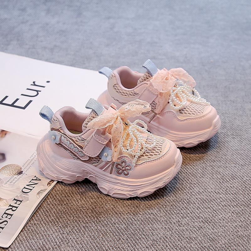 Girls Princess Sneakers Sweet Lace Beading Bows Children Sports Shoes Mesh Breathable Autumn New Kids Running Shoes Soft