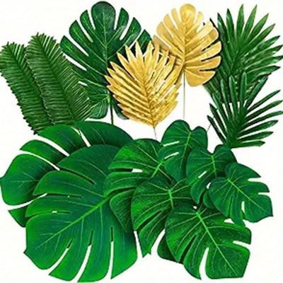 5-8 Kinds Large Small Green Artificial Palm Leaves Fake Palm Leaf with Stems for Safari Jungle Hawaiian Luau Party Table Decor Wedding Birthday