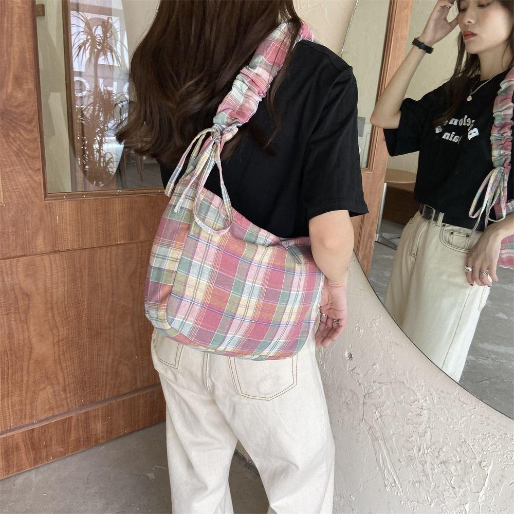 Large Capacity Pleated Dumpling Bag Bow Women Chic Underarm Bag Portable Lattice Tote Bag  Outdoor