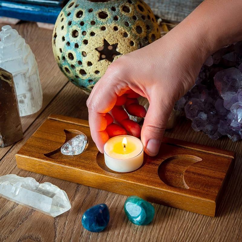 Wooden Tarot Card Holder Crystal Stone Moon Star Display Organizer
