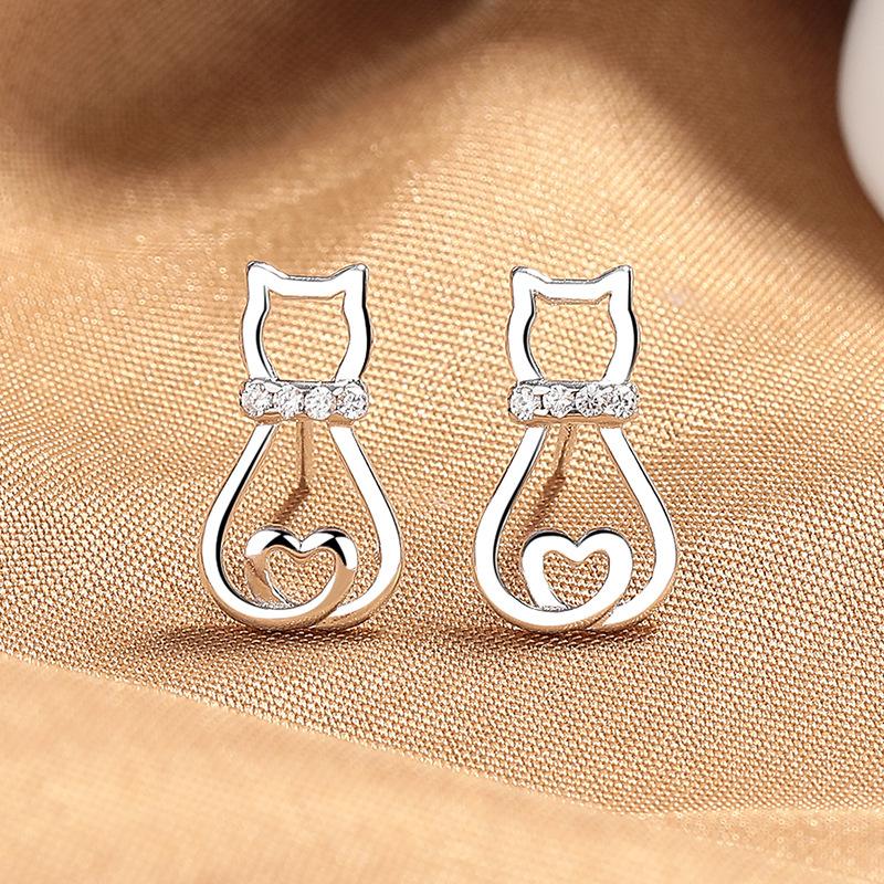 Silver Stud Earrings Female Cute Cat Design Sense Love Hollow Tide Simple Versatile Earrings Earrings