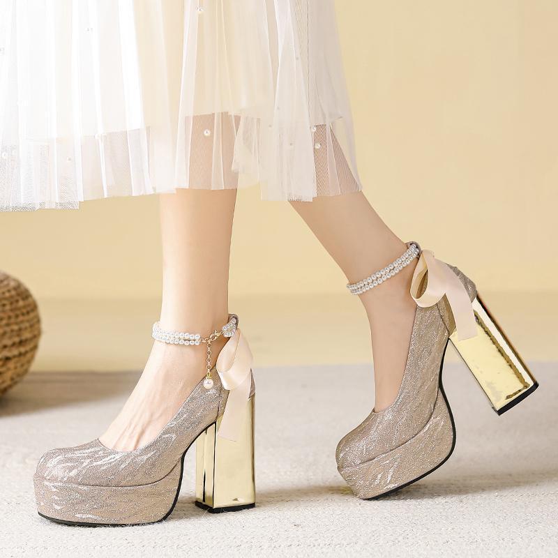 2025 French Silver Platform Non-slip Mary Jane High Heels Women's Chunky Wedding Shoes Bride Shoes Small Line with Single Shoes