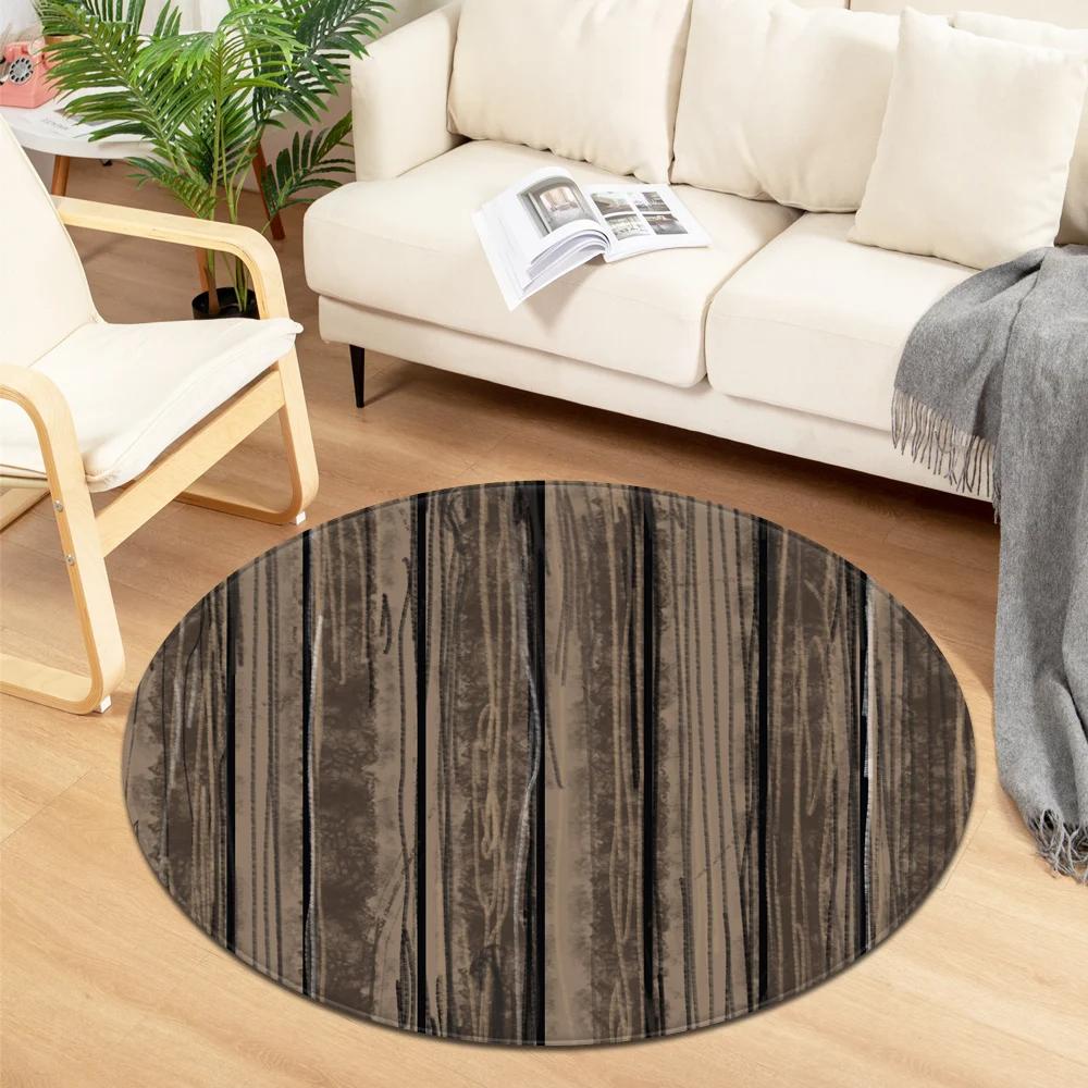 Wooden Pattern Round Area Rug, Soft Chenille Anti Slip Circle Carpet for Living Room, Bedroom, Bathroom, Home Floor Mat Decor