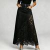 Elegant Women Washed Denim Long Skirt High Rise Hollow Floral Lace Patchwork Fishtail Maxi Skirt Casual Daily Party Bottoms