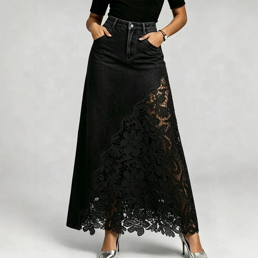 Elegant Women Washed Denim Long Skirt High Rise Hollow Floral Lace Patchwork Fishtail Maxi Skirt Casual Daily Party Bottoms