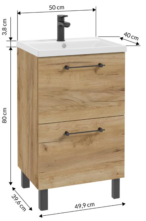 Bathroom cabinet with washbasin, tap and siphon 50x80cm, standing, Oak Craft Cassandra