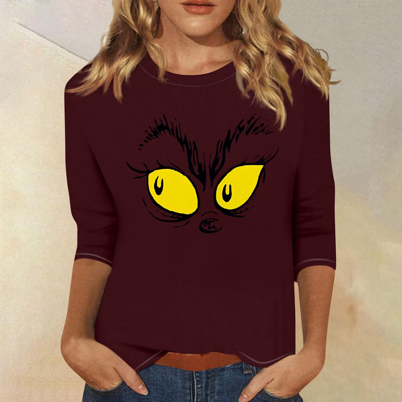 

3/4 рукава топы для женщин футболка повседневные рождественские принты топы футболка круглый вырез пуловер блузка L винный