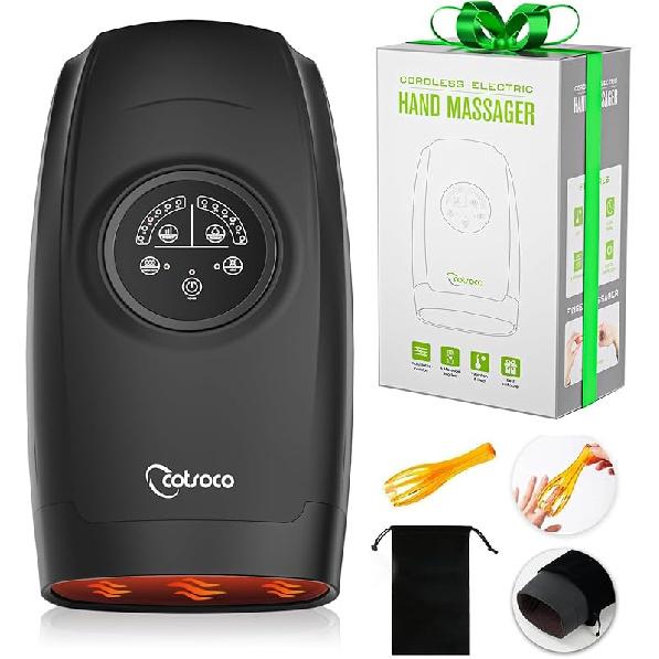 cotsoco Hand Massager with Heat and Compression, 6 Levels Hand Therapy for Arthritis and Carpal Tunnel Relief, Finger and Wrist Cordless Massager