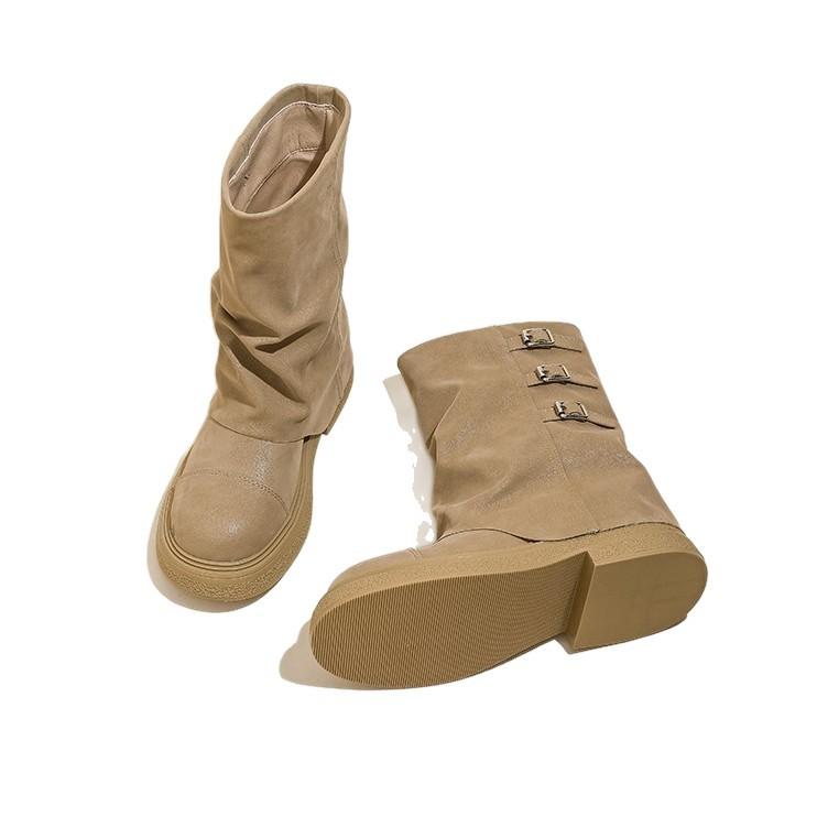 Cowhide Version Punk Thick-soled Western Cowboy Boots Belt Buckle Thick Heel Trouser Tube Boots Spice Girl Versatile Short Martin Boots