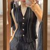 Summer Retro Striped V-Neck Sleeveless Single-Breasted Knitted Vest For Women