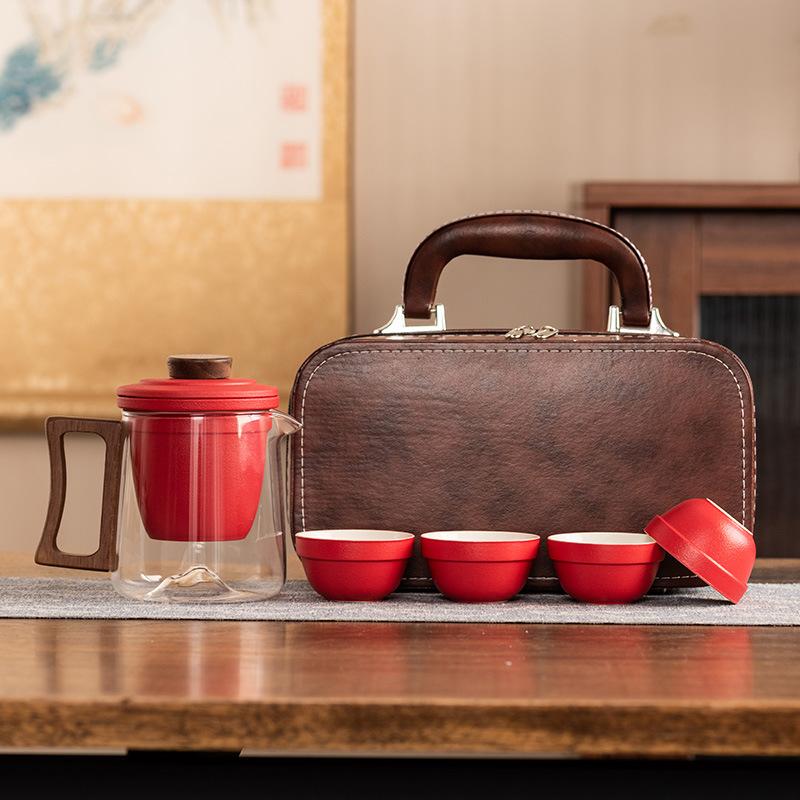 Light Luxury Glass Travel Tea Set, One Pot of Four Cups, High-end Portable Bag, Ceramic Liner Filter, Business Gift Souvenir