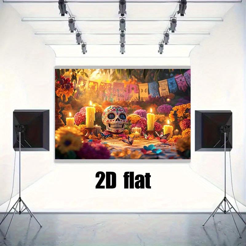 1 Piece of 2D Background Cloth "Colorful Day of the Dead Theme Background Cloth, Sugar Skull and Flower Candlelight.
