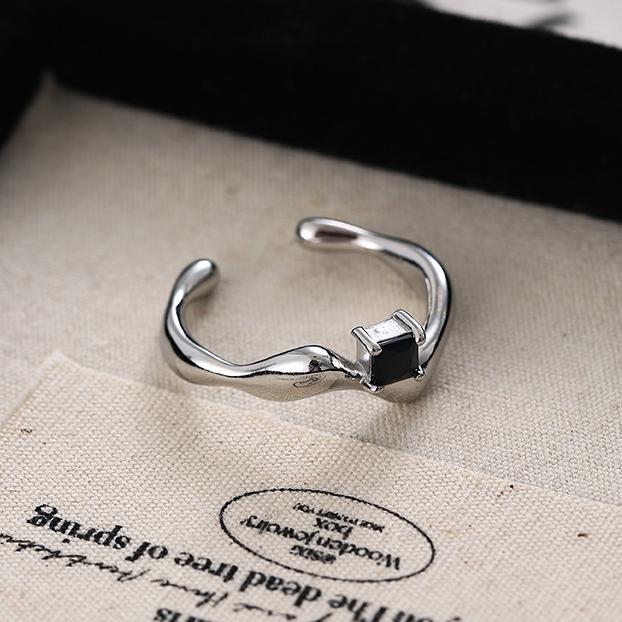 PONYKISS Sterling Silver Square Zircon Opening Ring for Women Minimalist Irregular Fine Trendy Geometric Accessories