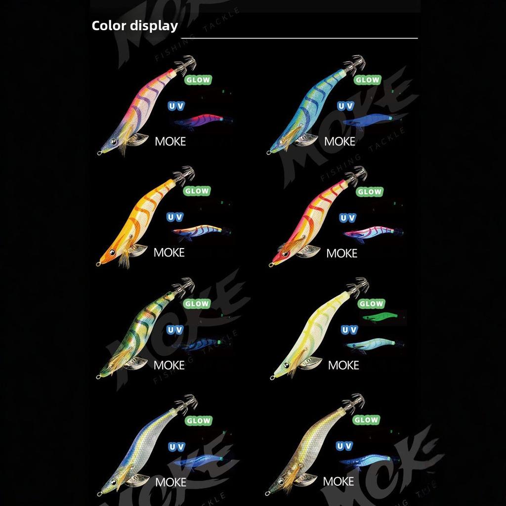 MOKE Wood Shrimp 25# 30# 35# Multi-color Artificial Hard Bait Eye Shrimp Squid Hook Saltwater