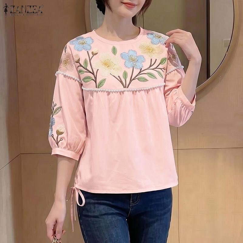 ZANZEA Blusa casual da donna a maniche 3/4 con scollo rotondo e stampa floreale ampia