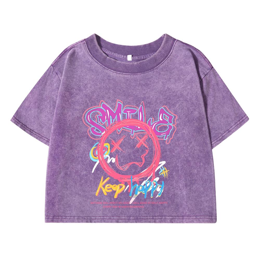 

Женские хлопковые выстиранные футболки, состаренные кроп-топы с круглым вырезом, принты с улыбкой «Keep Happy», короткий рукав, уличная одежда XL
