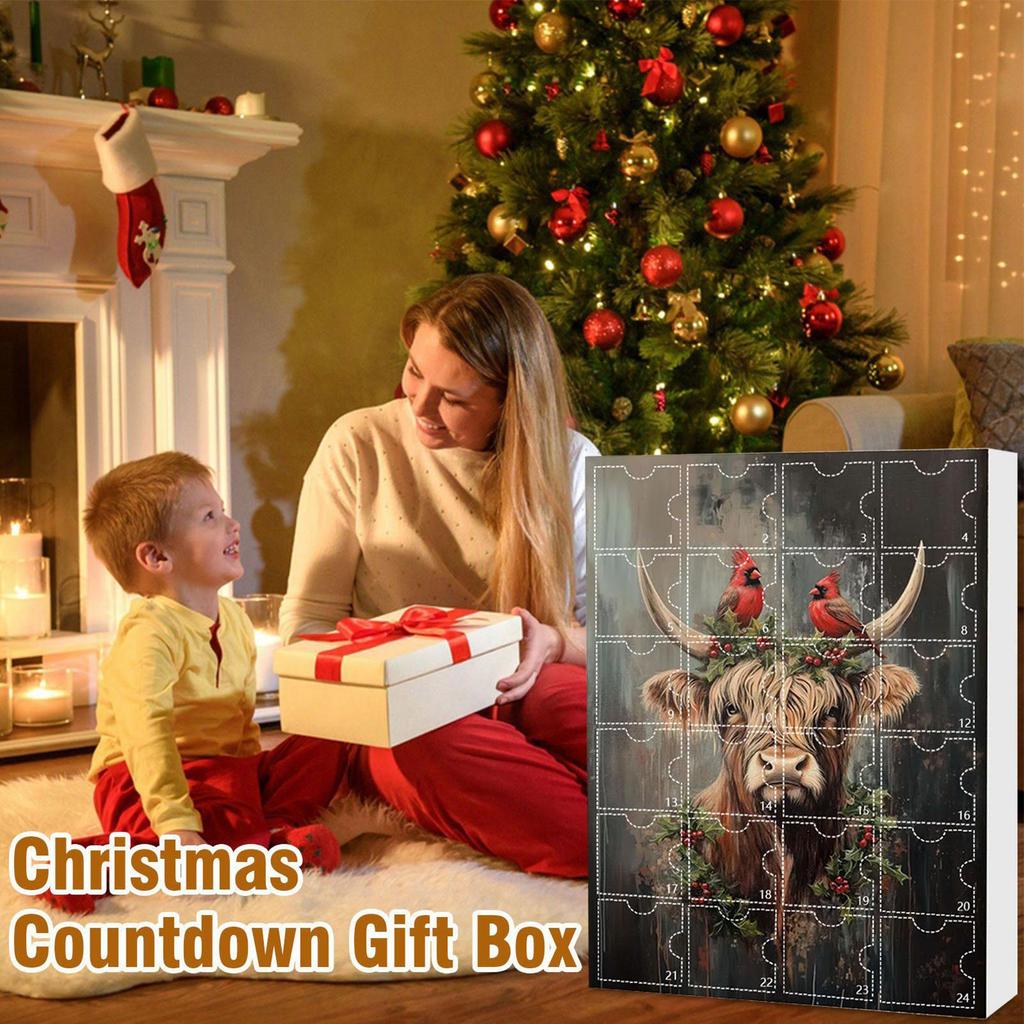 Christmas Advent Calendar 24 Pcs Highland Cow Ornaments 2D Acrylic Cute Animal Christmas Tree Decorations Xmas Countdown Gifts