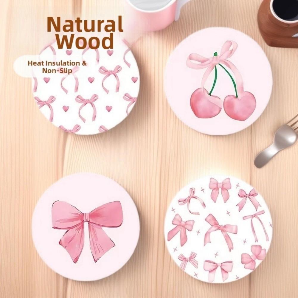 4/6pcs Sweet Round Wooden Drink Coaster Waterproof Non-Slip Insulation Pad Bow Dog Coffee Cup Mat For Coffee Table