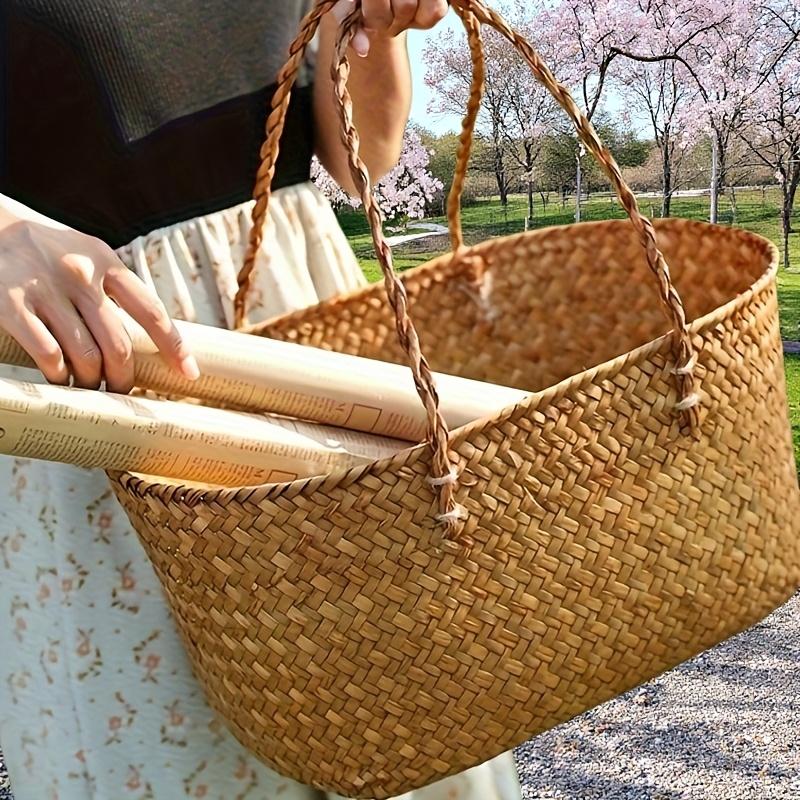 1 Stück Neuer Vintage Handgewebter Rattan-Korb Kreativer Haus- und Outdoor-Picknickkorb Großer Tragbarer Einkaufskorb