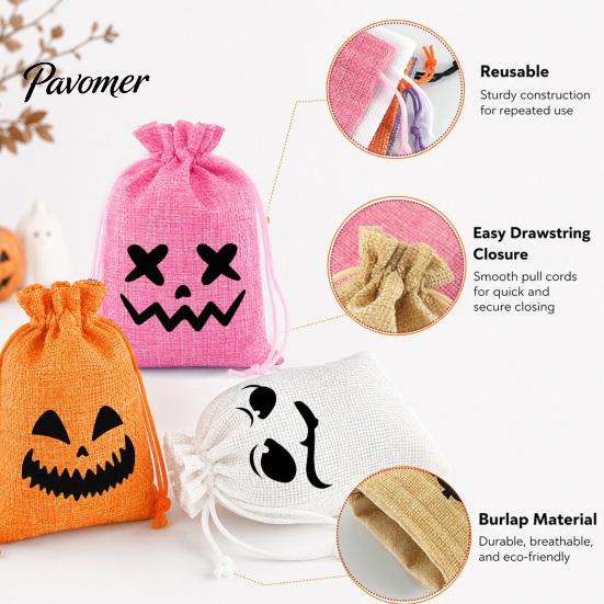 Decorative Gift Packaging 5Pcs Halloween Candy Bags with Drawstring, Funny Ghost Pumpkin Print Pouches Themed Event Goodie for Party Favors And Trick