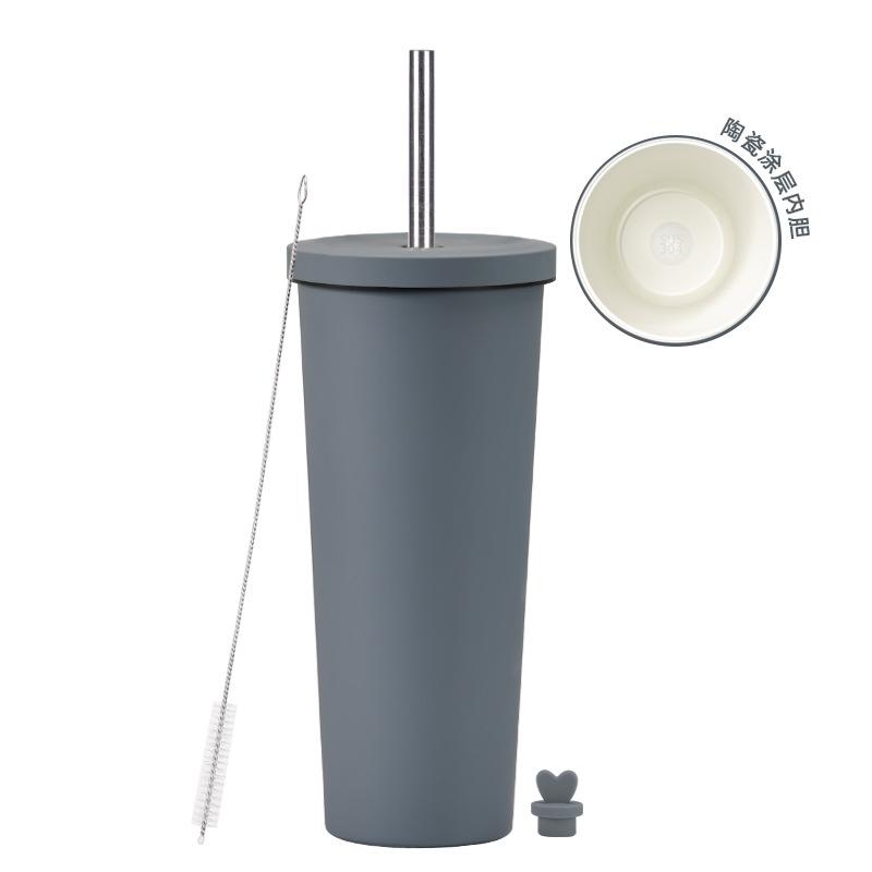 2025 Ceramic Liner Milk Tea Cup Large Capacity 830Ml Thermos Cup Stainless Steel Straw Cup