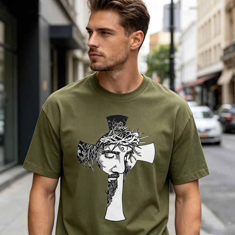 Vintage Sketch Art Jesus Face Cross Print T Shirt Christian Belief Religious Graphic Soft Cotton Tee Casual Daily Apparel