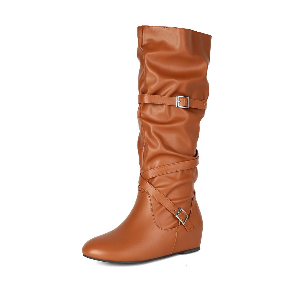 Large Size 48 Vintage Y2K Buckle Straps Fall Winter Knee‑High Boots Women Shoes Brown Hidden Wedge Heel Pleated Western Boots