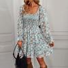 Ladies Fashionable Casual Versatile Daily Floral Square Neck Long Sleeve Dress