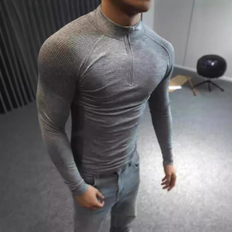

Men Zip Neck Long Sleeve T Shirt Slim Fit Stretch Workout Top For Gym And Casual Wear M серый