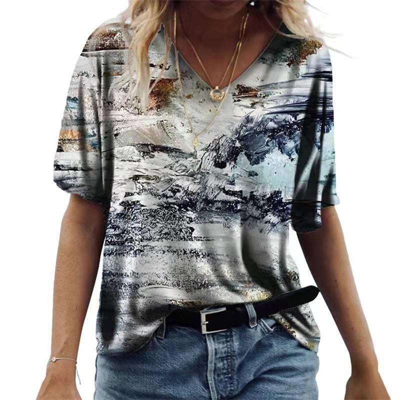 Damski T-shirt z krótkim rękawem i dekoltem V Luźny T-shirt Miejski Casual Nadruk 3D Damska Podstawa