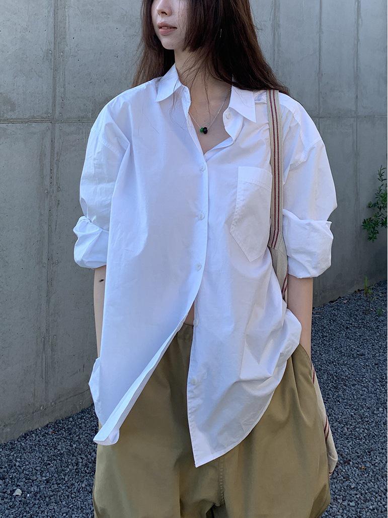 60-Count Combed Yarn Minimalist White Loose Long-Sleeve Shirt Medium белый