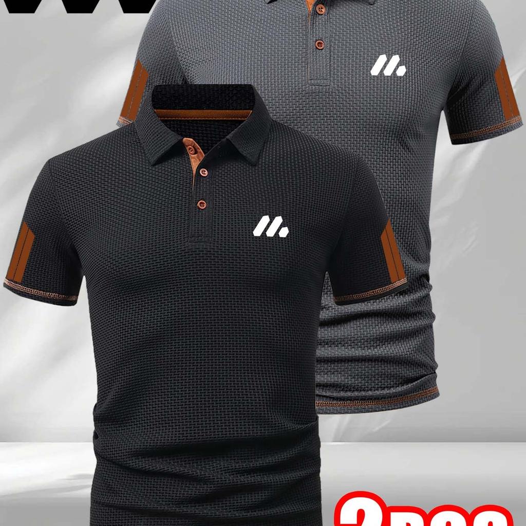 2pcs Men's Golf Polo Shirts Collar - Short Sleeve & Color-Block, Men's Business Casual Polo T Shirts for Spring And Summer