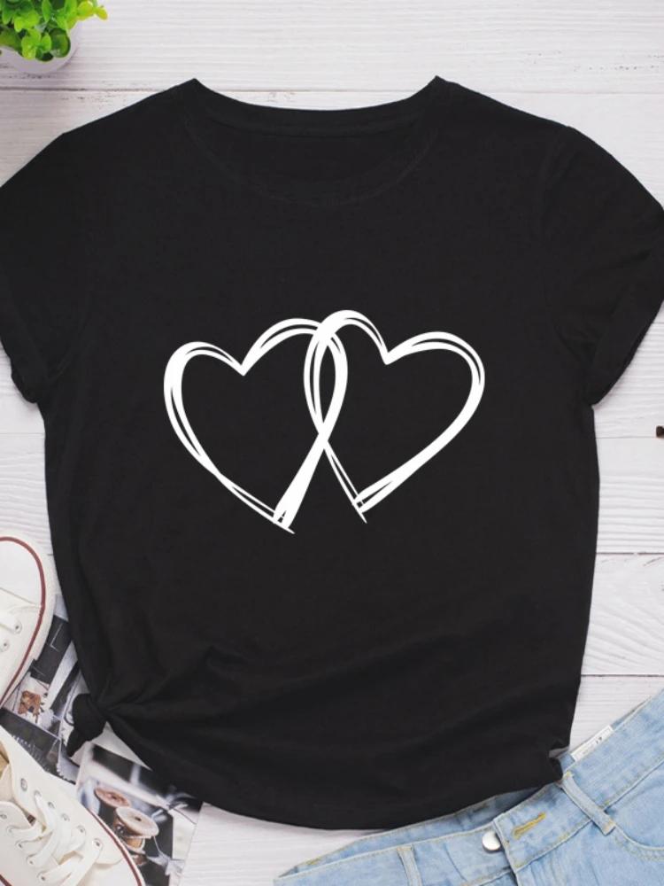 Dámské tričko s potiskem dvojitého srdce s krátkým rukávem, s kulatým výstřihem, volné, dámské módní tričko, topy, oblečení, Camisetas Mujer